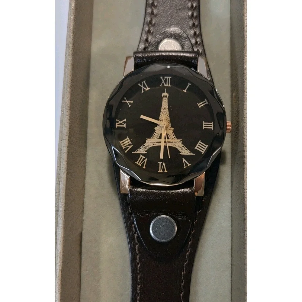 Vintage Dark Brown Leather-Look Eiffel‎ Tower Casual Wrist Watch